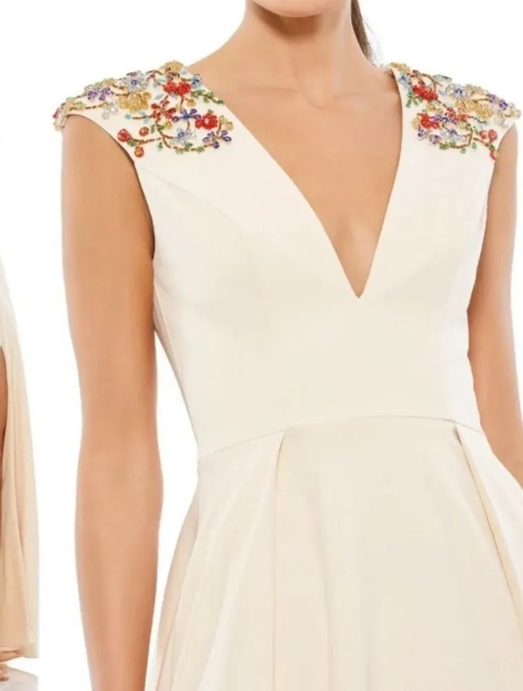 Mac Duggal 26540 Ieena Beaded Cap Sleeve V Neck A Line Gown Dress Cream Size 4 - Image 2