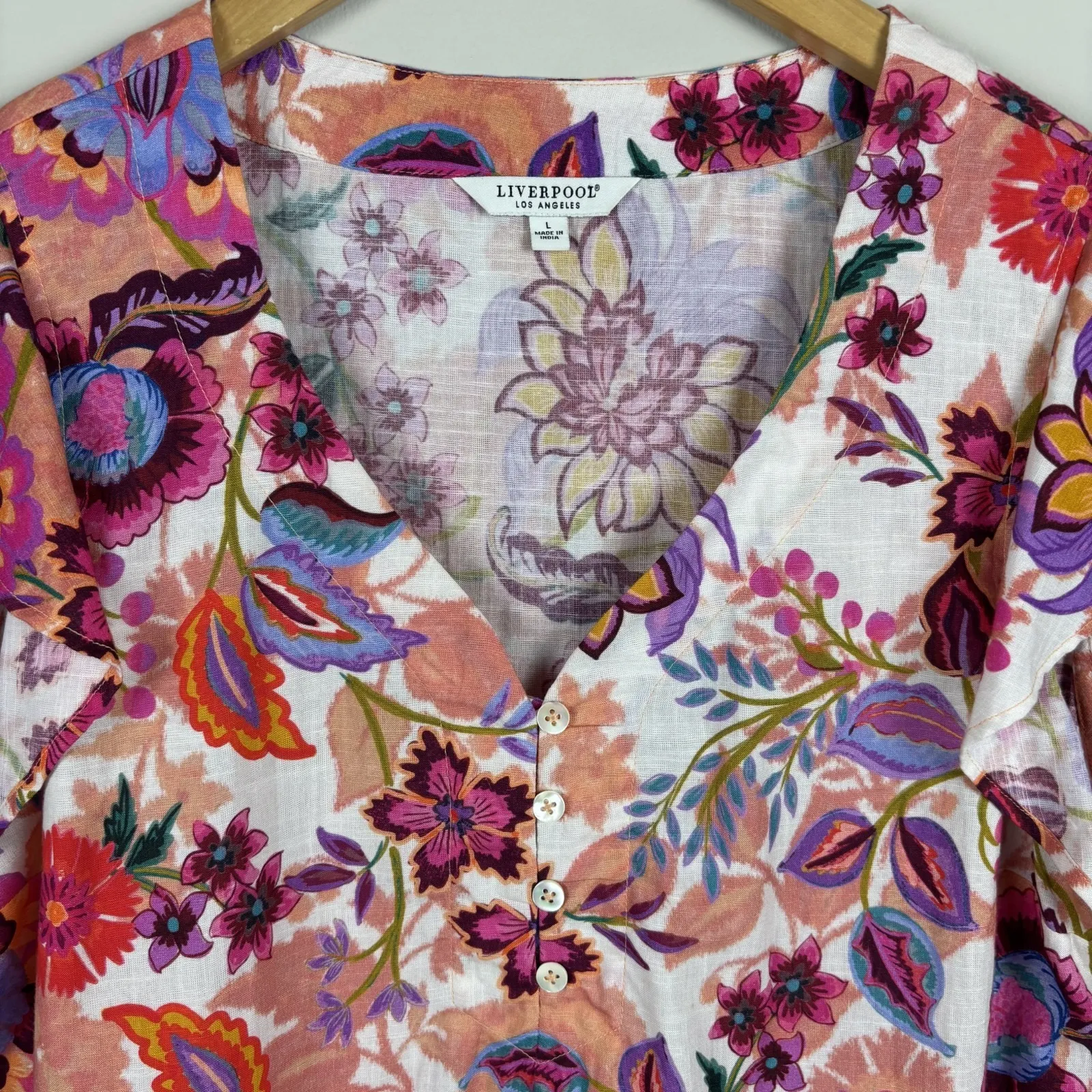 Liverpool Blouse Top‎ Womens Large Pink Colorful Floral V-Neck Flutter Sleeve L - Image 3