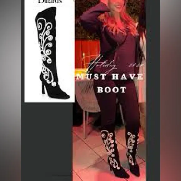 Gianni Bini AUDRINA Black‎ Suede Tall Boots with White Soutache Embroidery - Image 2