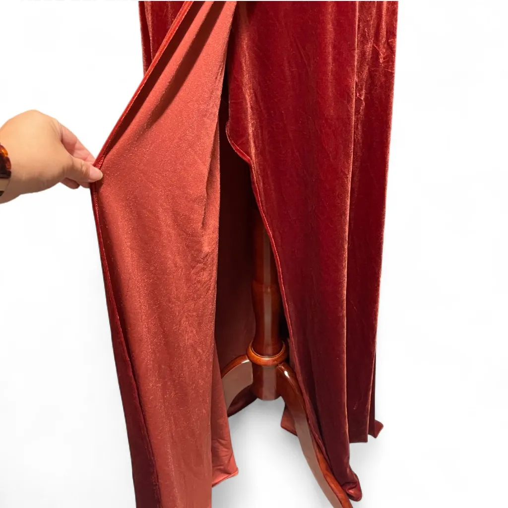 Azazie Sora Terracotta A-Line Halter Bow Velvet Floor Length Formal Dress A6 - Image 3