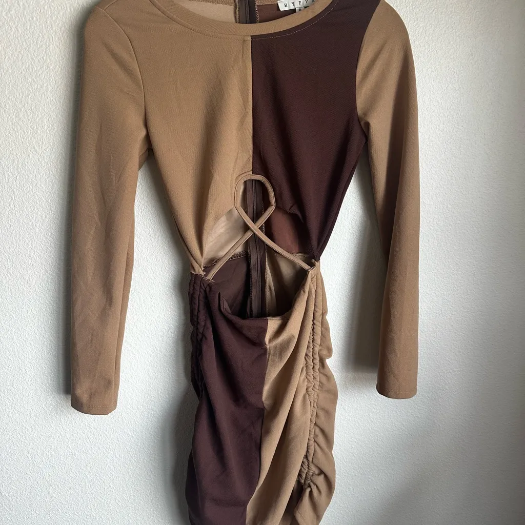 HYFVE Two-Tone Long Sleeve Dress in Tan and Brown - Image 2