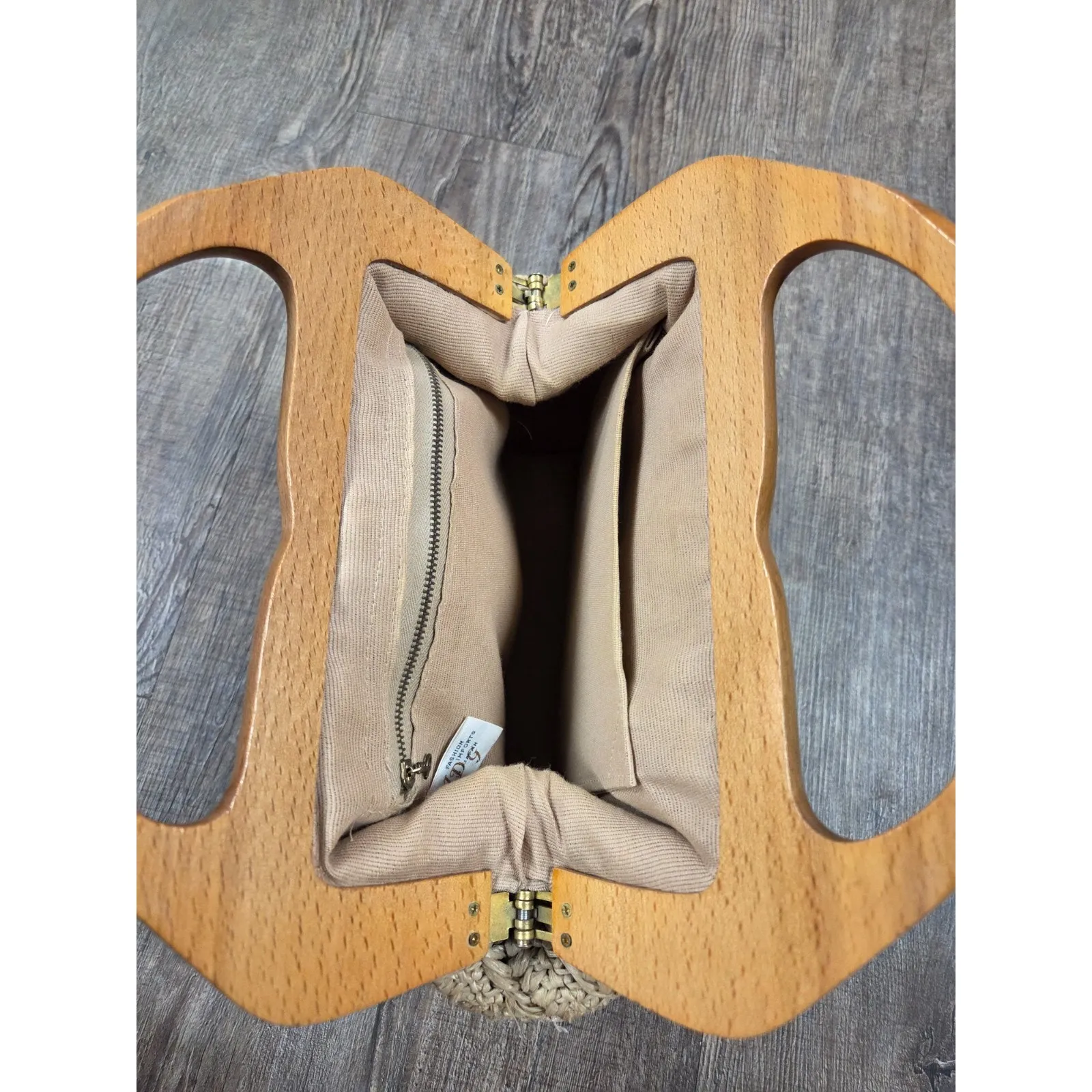 ADG Fashion Imports Vtg Woven Satchel Purse Bag Cream Raffia Wood Handle Japan - Image 6