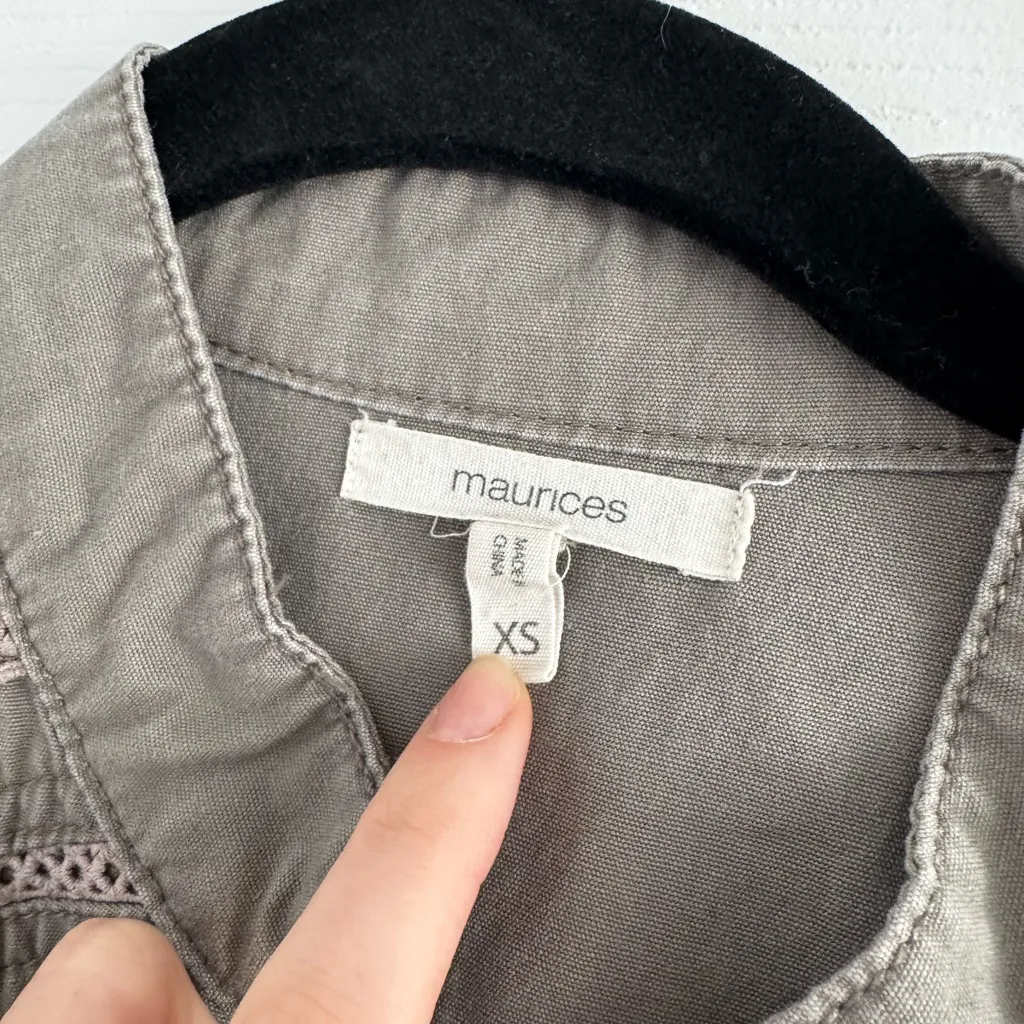 Maurice’s military Jacket grey taupe green buttons size XS - Image 2