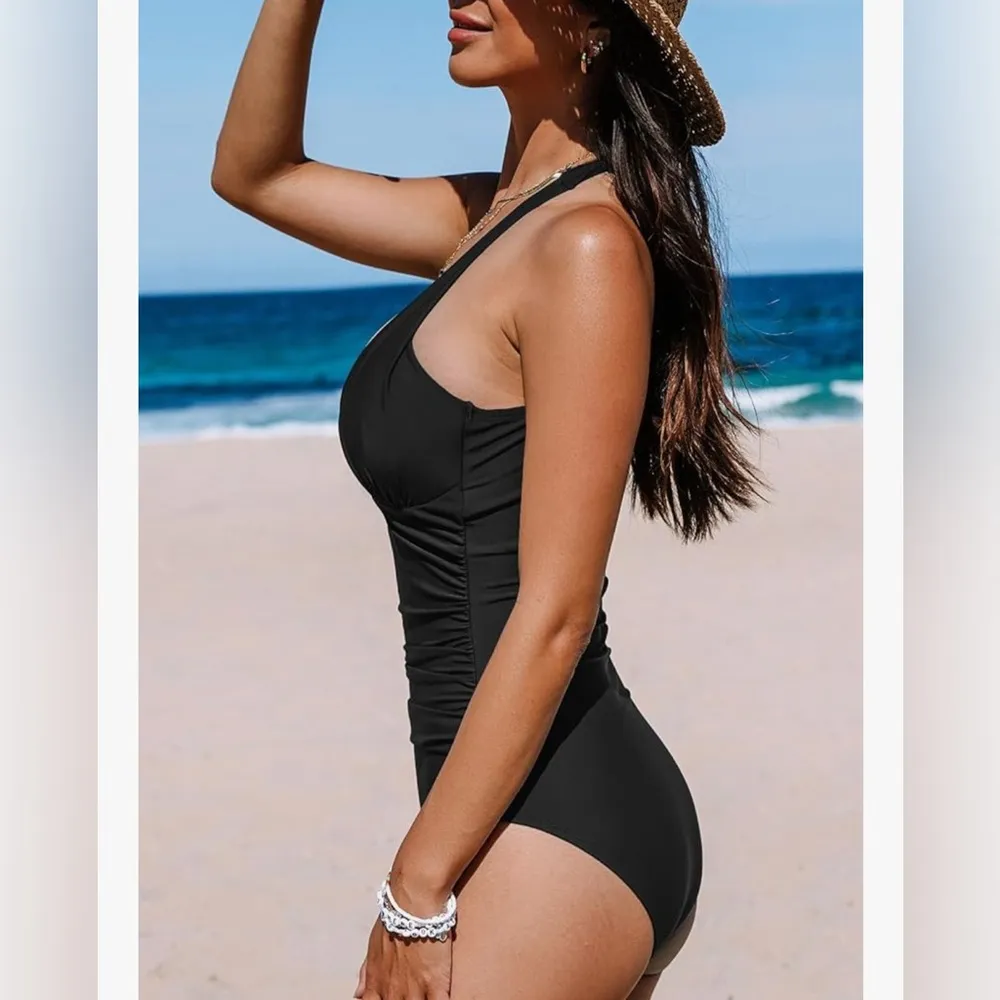 NEW CUPSHE 1 Pc Swimsuit Tummy Control Bathing Suit Halter Deep V Neck L - Image 5