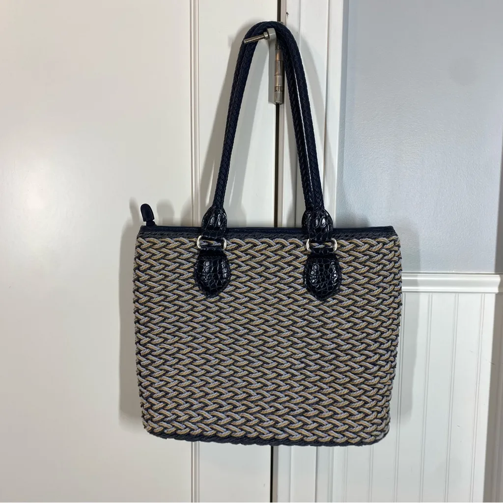 Brighton Eva Straw Leather Tote Bag Navy Blue Shabby Chic Old Money classic - Image 3