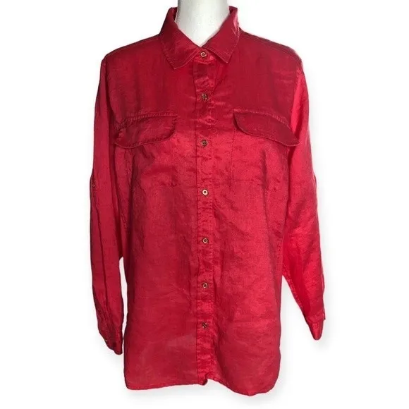 Calvin Klein Coral Long Sleeve Button Front Linen Shirt - Image 7