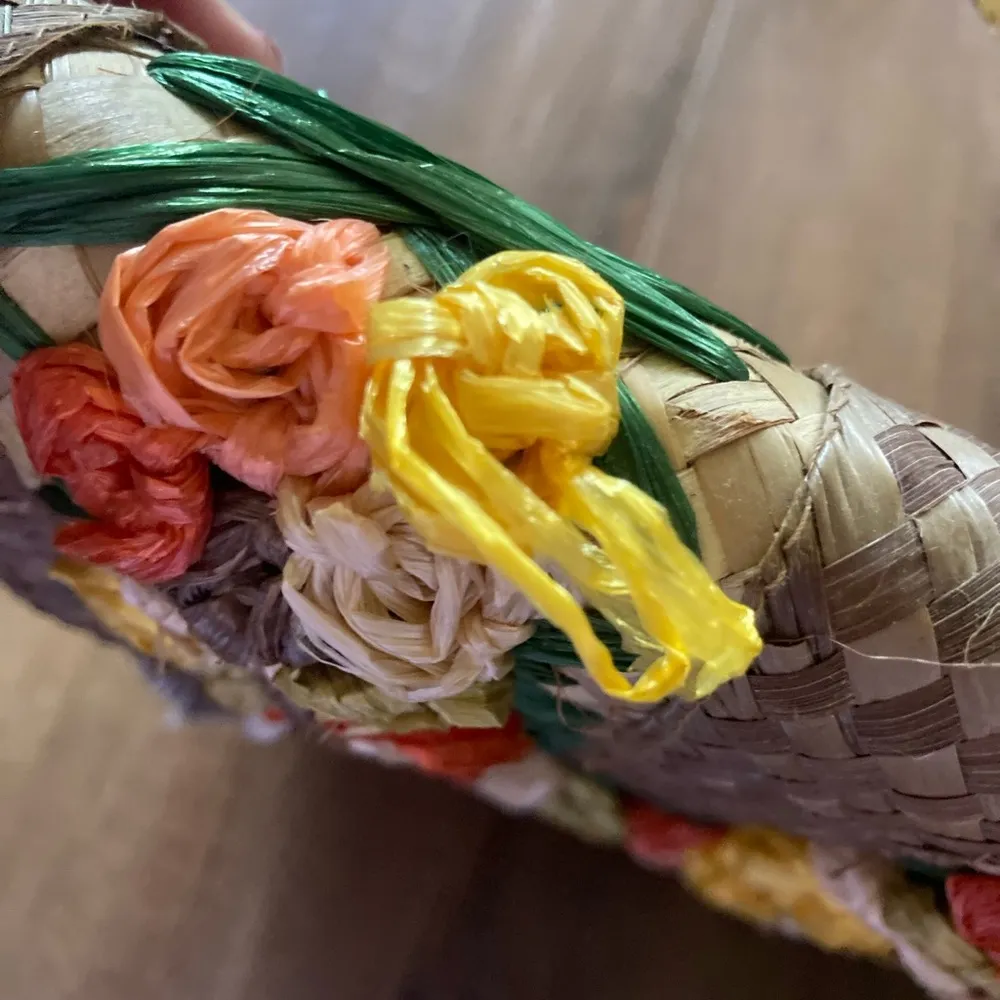 Vintage Woven Wicker Straw Raffia Floral Bag Tan - Image 3