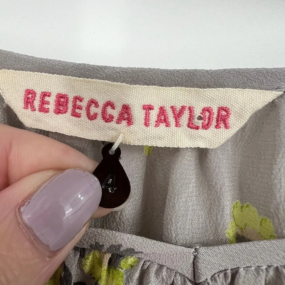 Rebecca Taylor Women Cold Shoulder ditsy Floral Blouse Silk Gray Yellow size 4 - Image 7