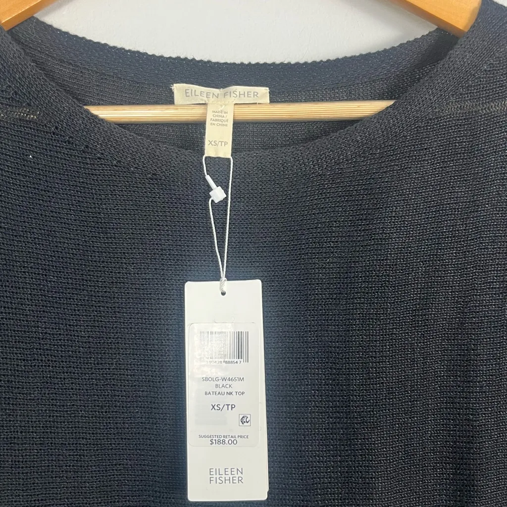 New Eileen fisher black bateau neck knit 100% Linen top asymmetrical size XS - Image 2