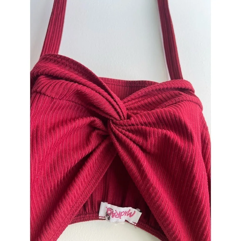 Womens medium red deep V neck double edge ruffle Crisscross Cropped shir…​ - Image 2