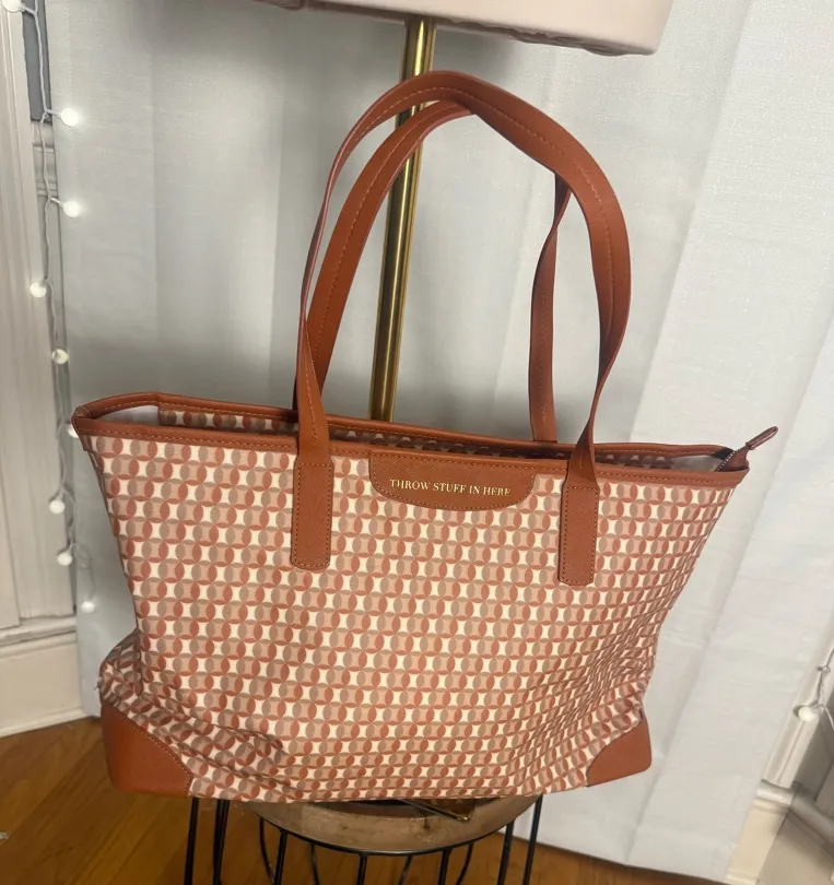 ban.do “Throw Stuff In Here” Tote Bag Orange Geo Print Shoulder Bag Large Brown - Image 1