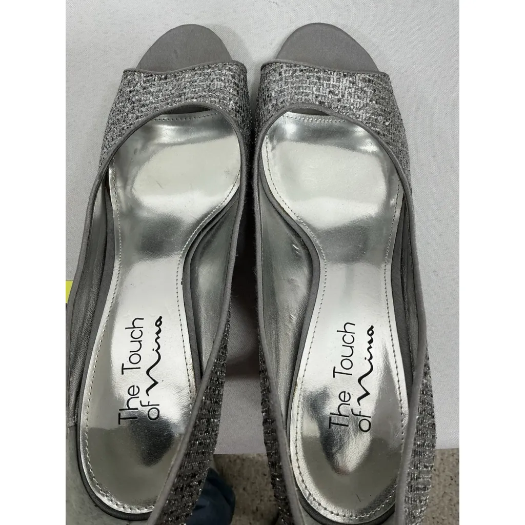 Womans The Touch Of Nina Stiletto Slipon Pumps 9 M Silver Sparkly Open Toe - Image 6