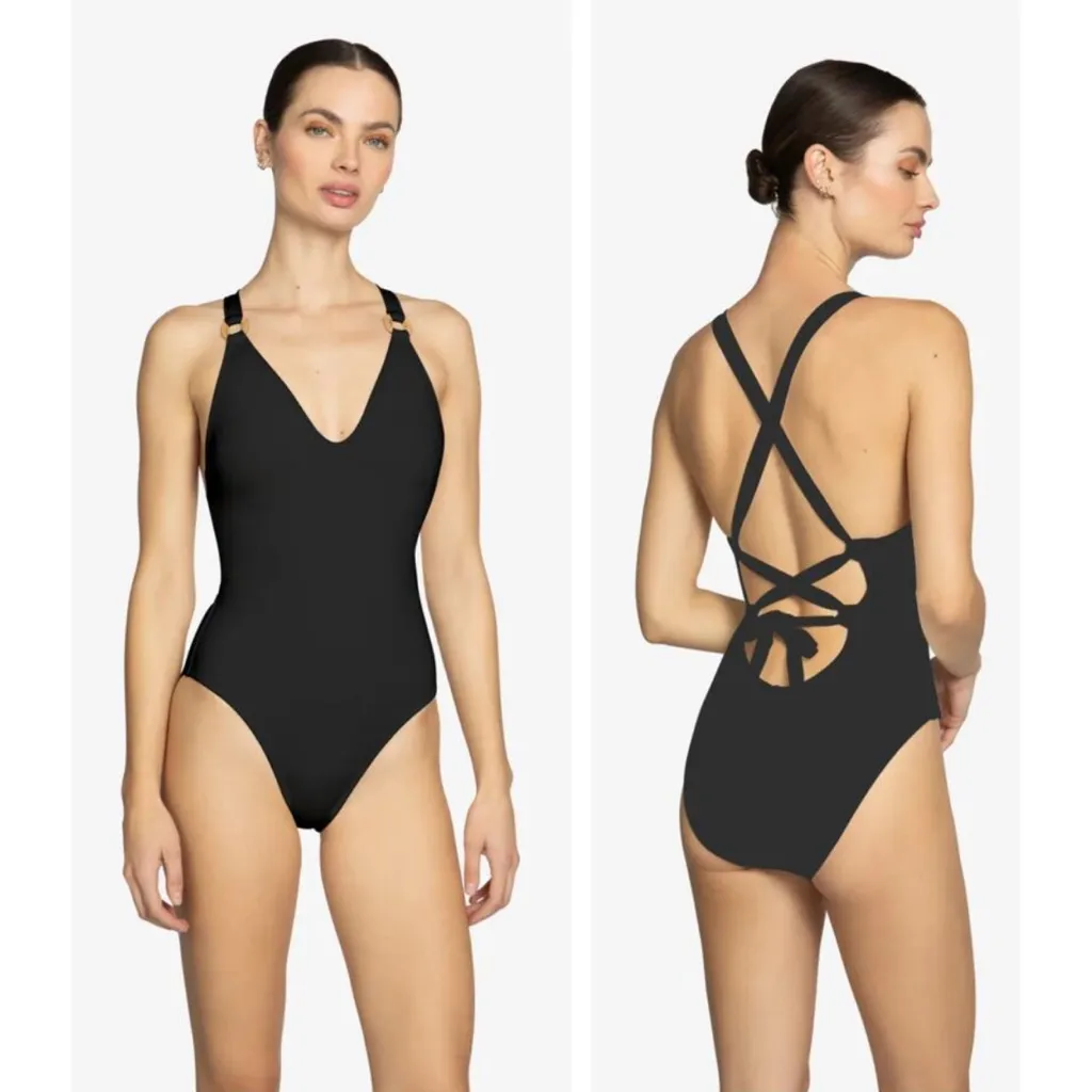 New! Robin Piccone Margot Lace-Up Back One-Piece
Swimsuit Black‎ Sz 8 $168 - Image 4