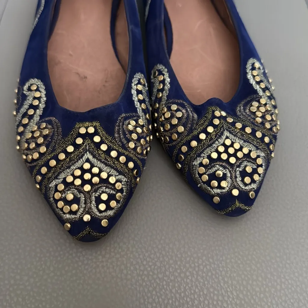 Aldo Blue Leather Studded Embroidered Pointed Toe Flats Size‎ 6 - Image 3