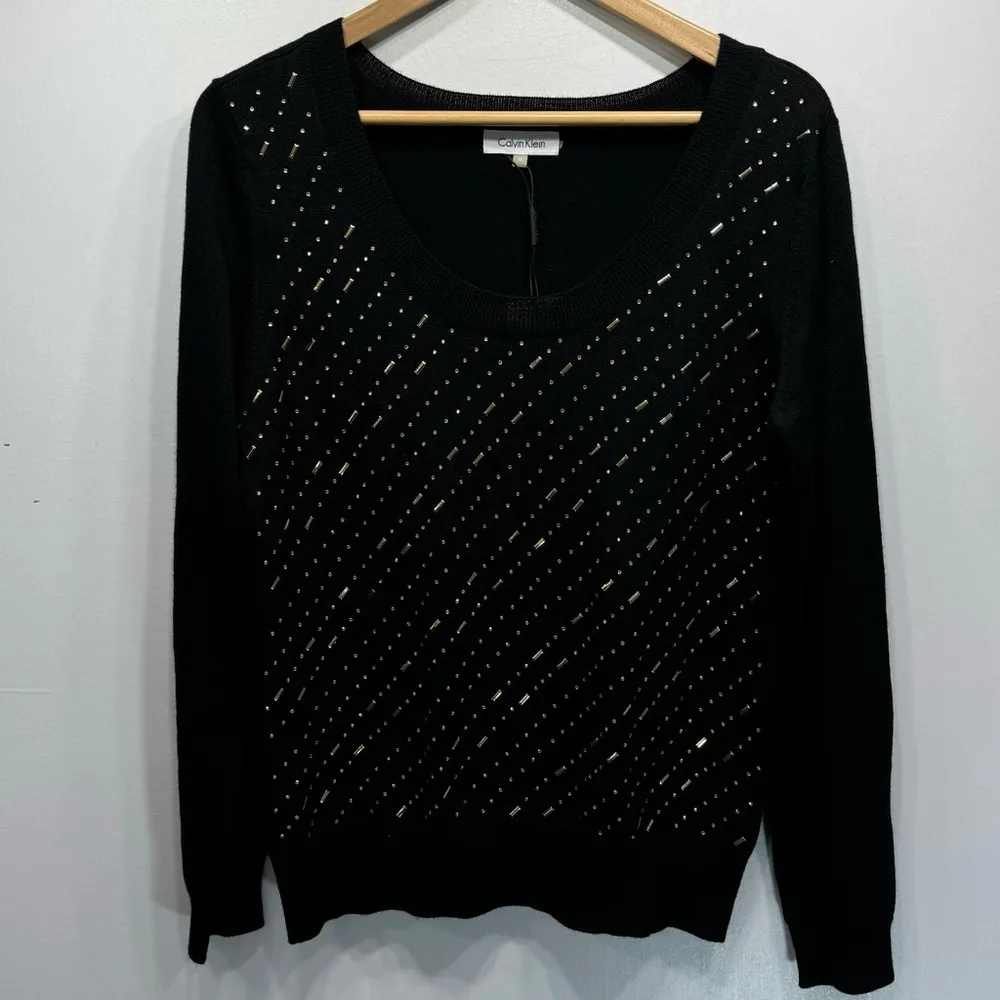 Calvin Klein Black Wool Blend Long Sleeve Sweater with Gold Beading Medium - Image 8
