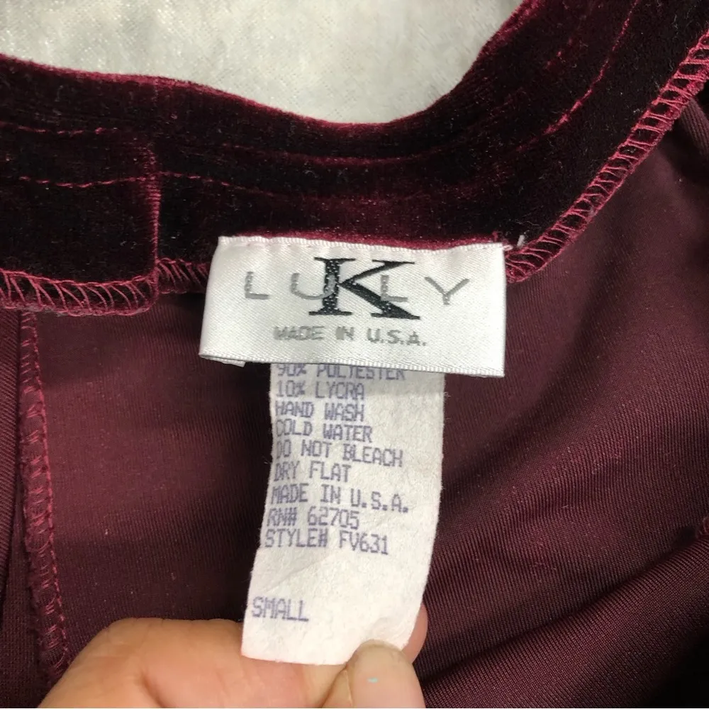 Vintage Luly K velvet dress women’s small maroon 90s sleeveless made in USA - Image 3
