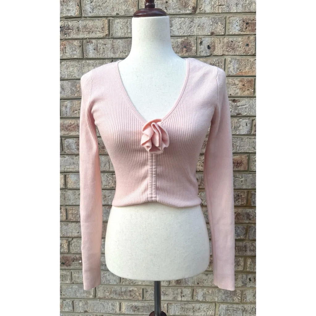 NWT Aerie Cropped Pink Rosette Sweater - Image 2