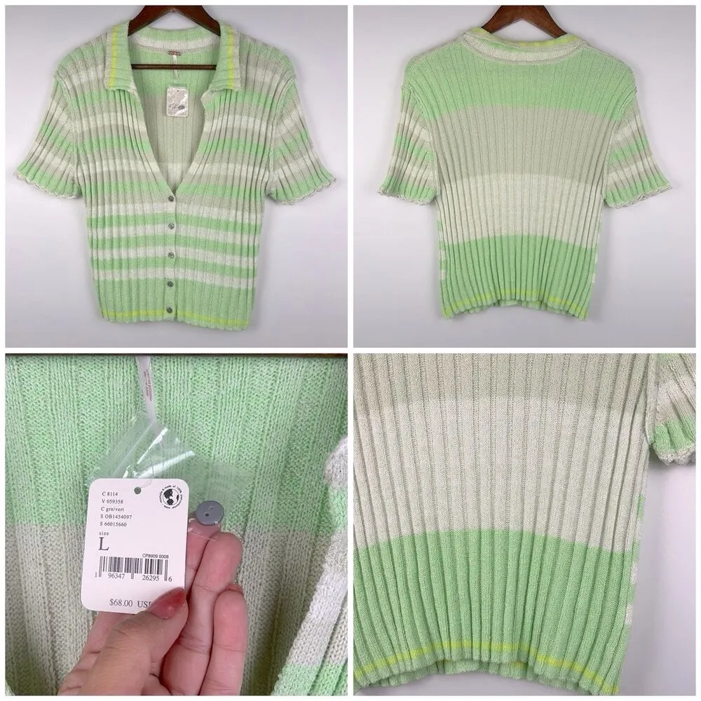Free People Cardi Cardigan Green Stripes Buttoned Top Sz L - Image 10