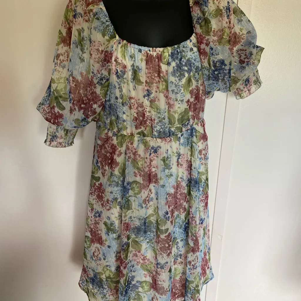 Cato Pink and Blue Puff Sleeve Midi Sundress - Image 2