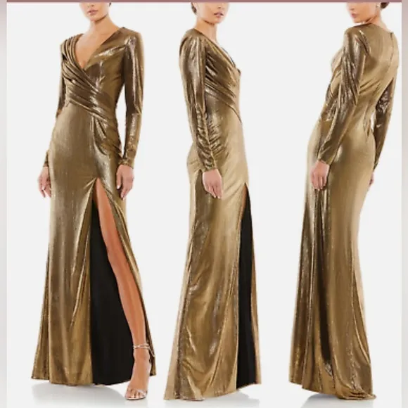 IEENA Mac Duggal size 12 Gold Metallic Long Sleeve Asymmetrical Gown J1206 - Image 2