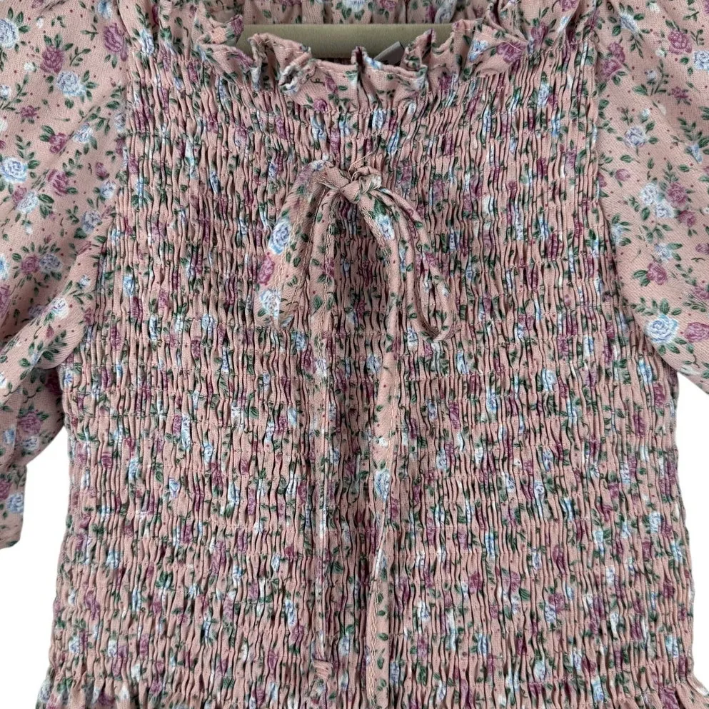 Cropped Pink Floral Smocked Top with Puffy and Ruffled Sleeve and Tie Bow - Image 3