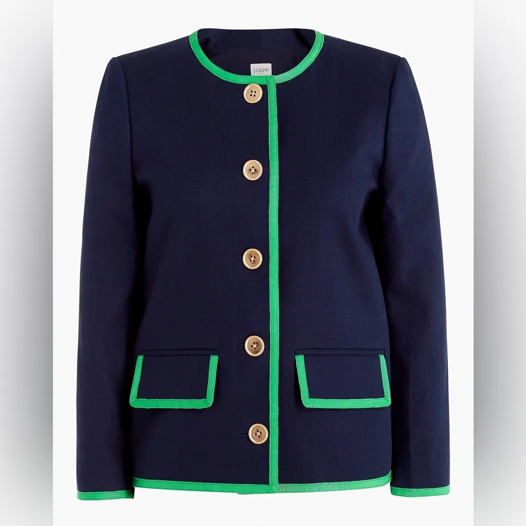 J. Crew NWT Tipped Lady Jacket Navy Blue Kelly Green Trim Women’s Size 4 Preppy - Image 2