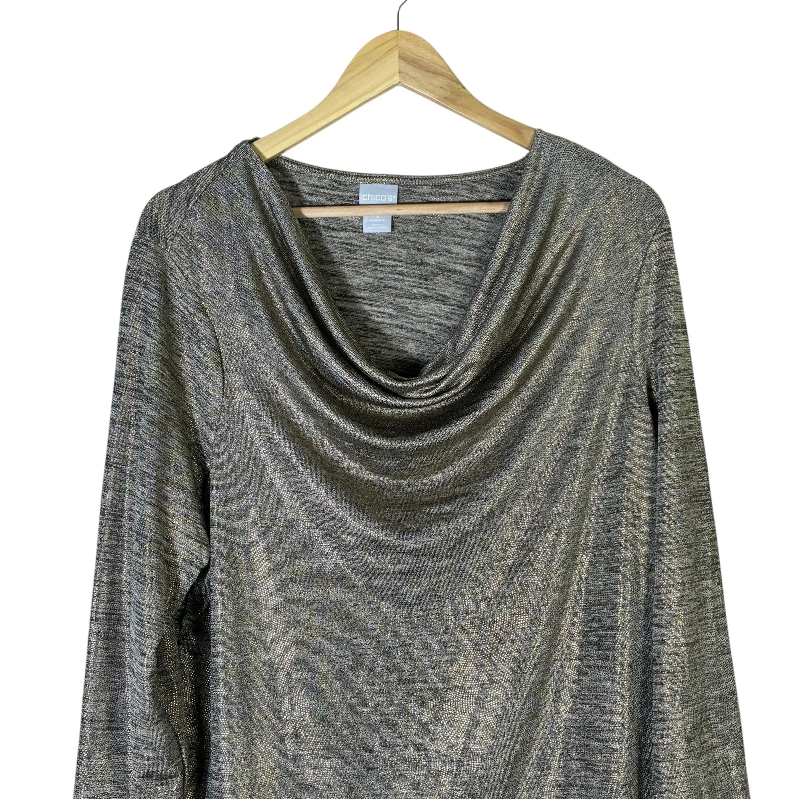 Chico’s Metallic Cowl Neck Long Sleeve Top Womens XL Gold Shiny Streth Glam NYE - Image 3