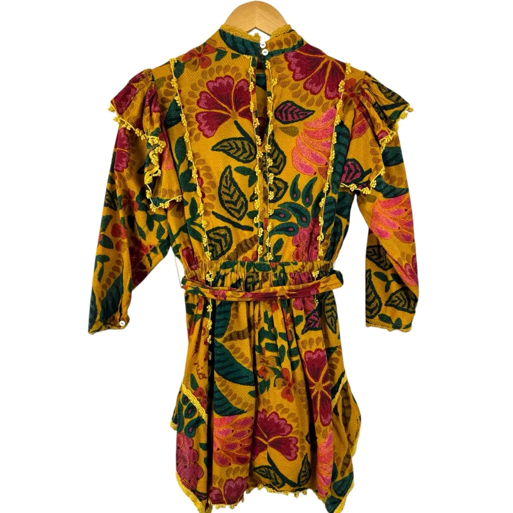 Farm Rio Flowerdoscopic Cotton Ruffle High Neck Floral Mini Dress Yellow Size XS - Image 9