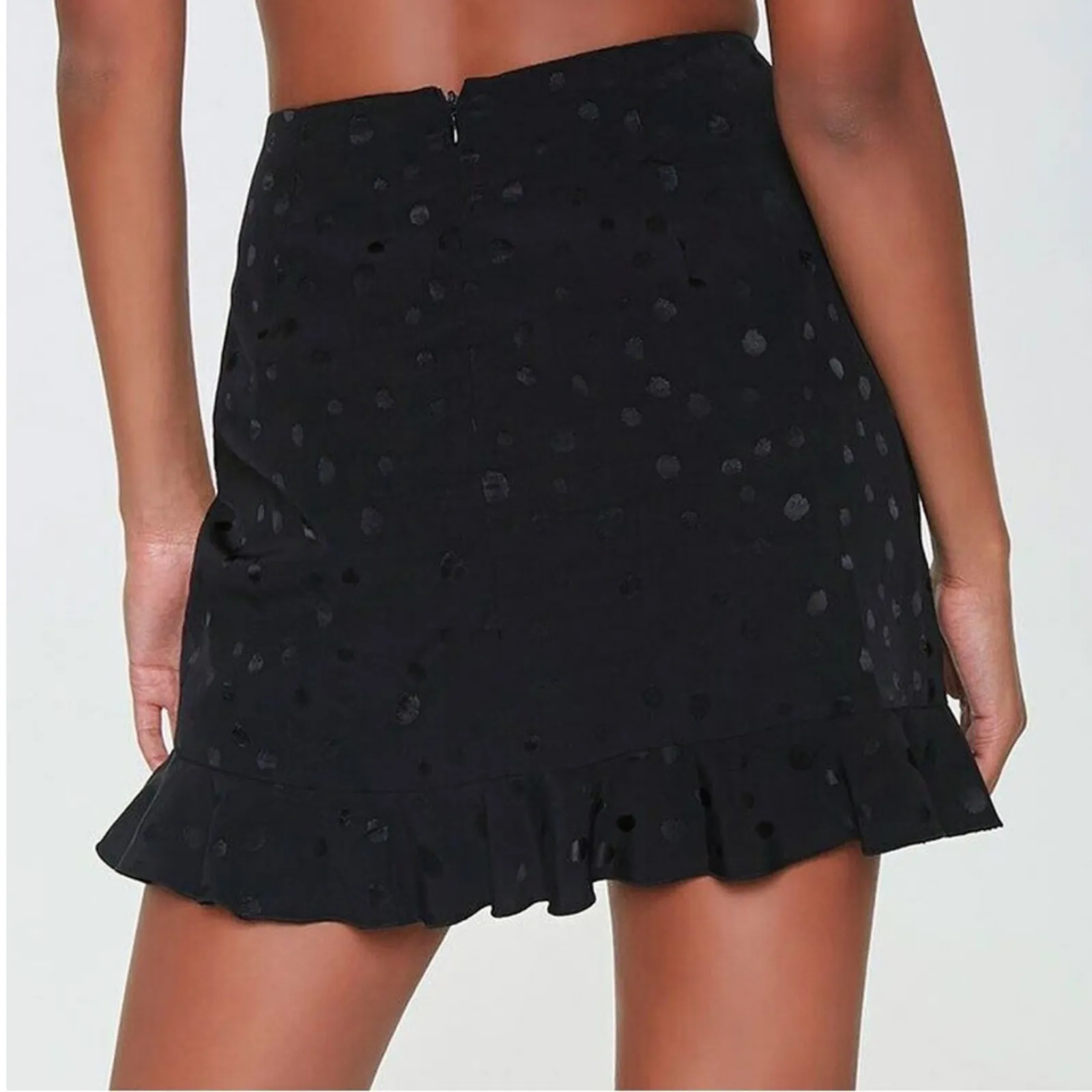 Forever 21 Black Polka Dot Print Ruched Ruffle Hem Mini Skirt‎ Size XS - Image 2