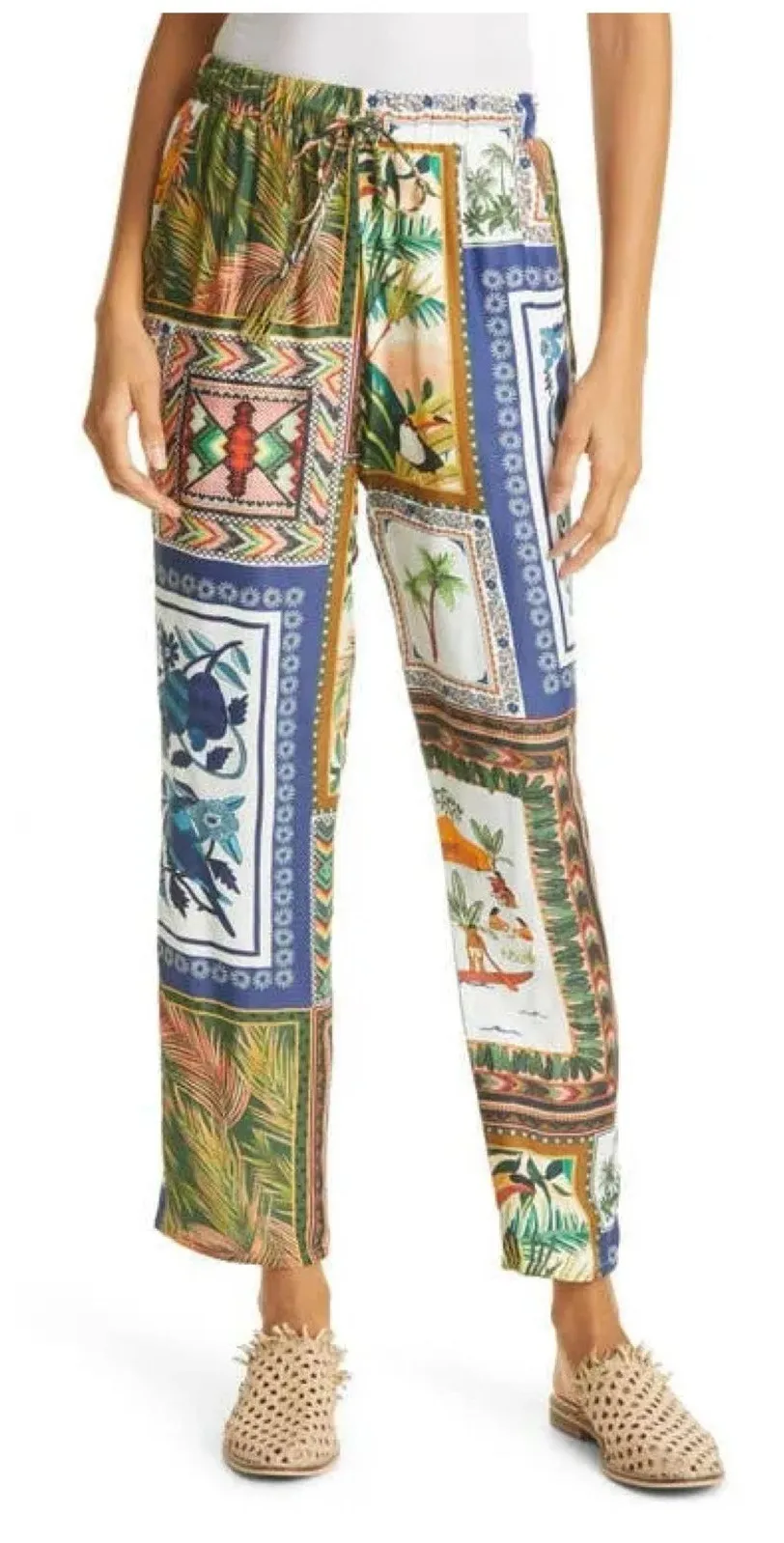 Farm Rio Mixed Scarves Satin Pants Size XS Mix Print Tassel Boho Multicolor - Image 1