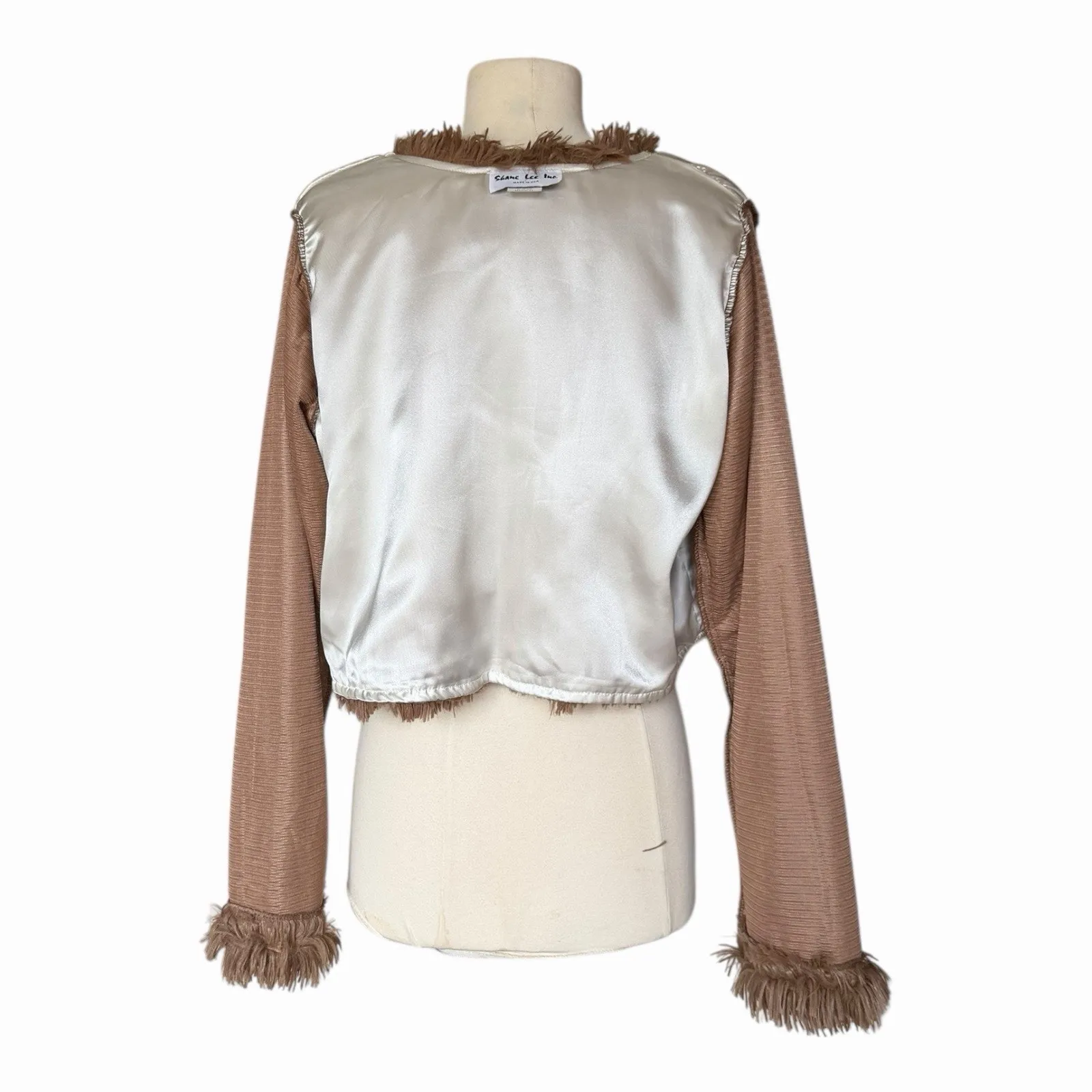 Vintage Shane Lee Faux Fur Cropped Jacket Light Brown Floral Pin Medium - Image 11