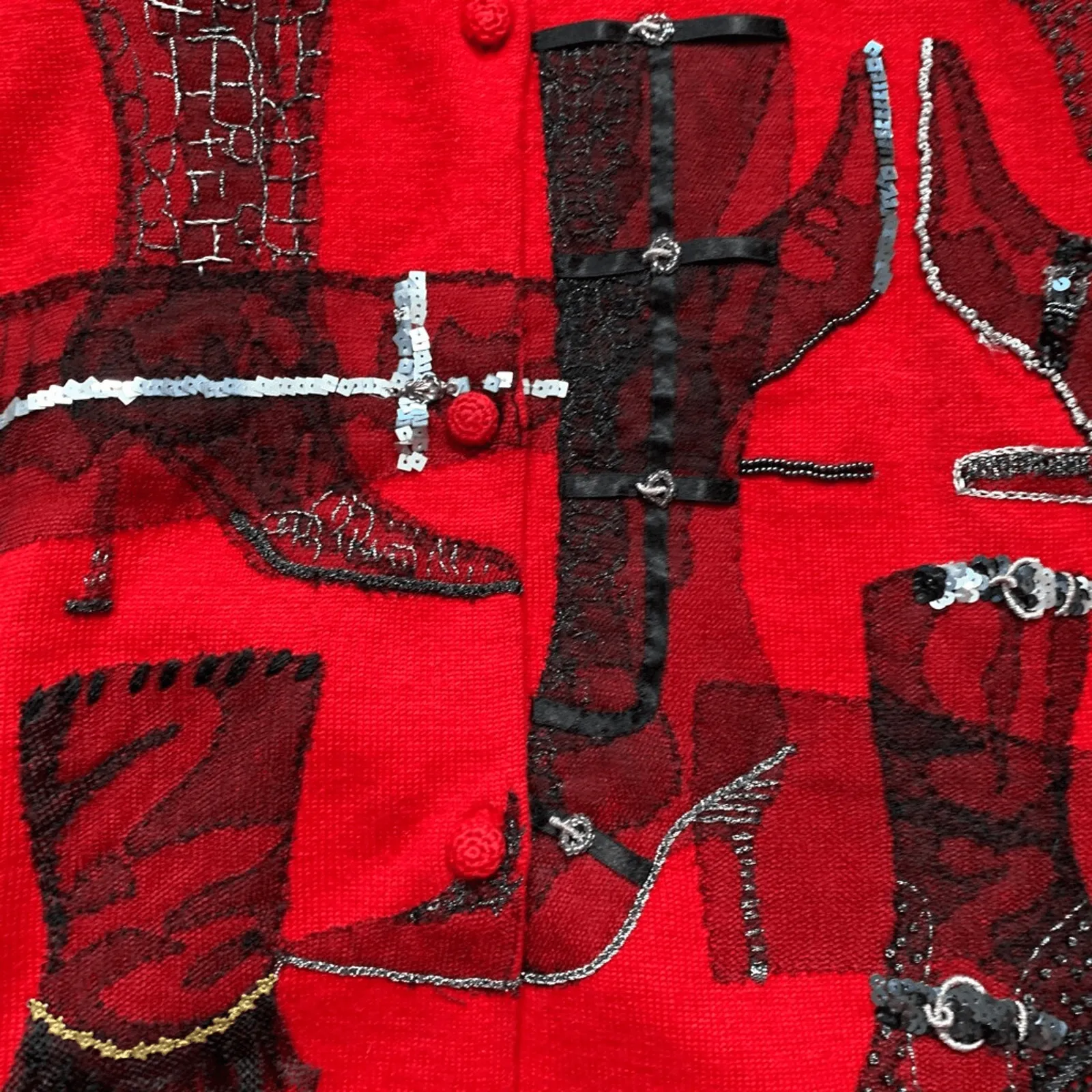 Vintage Michael Simon Red Boots Cardigan XL Bright Cherry Red Knit Sweater Artsy - Image 7