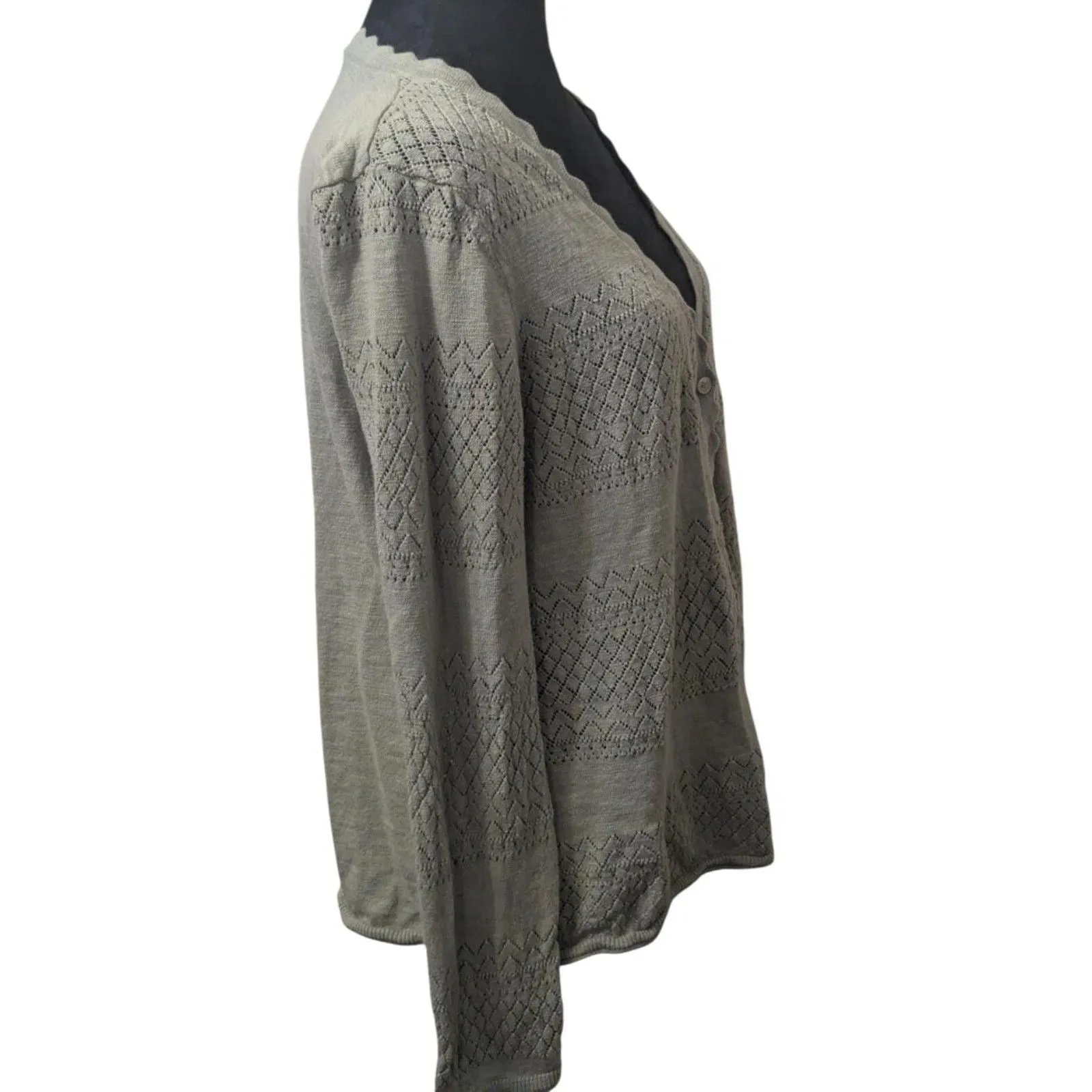 Frye Pointelle Knit Cardigan XL Sage Green Scalloped Edge Coastal Grandmother - Image 3