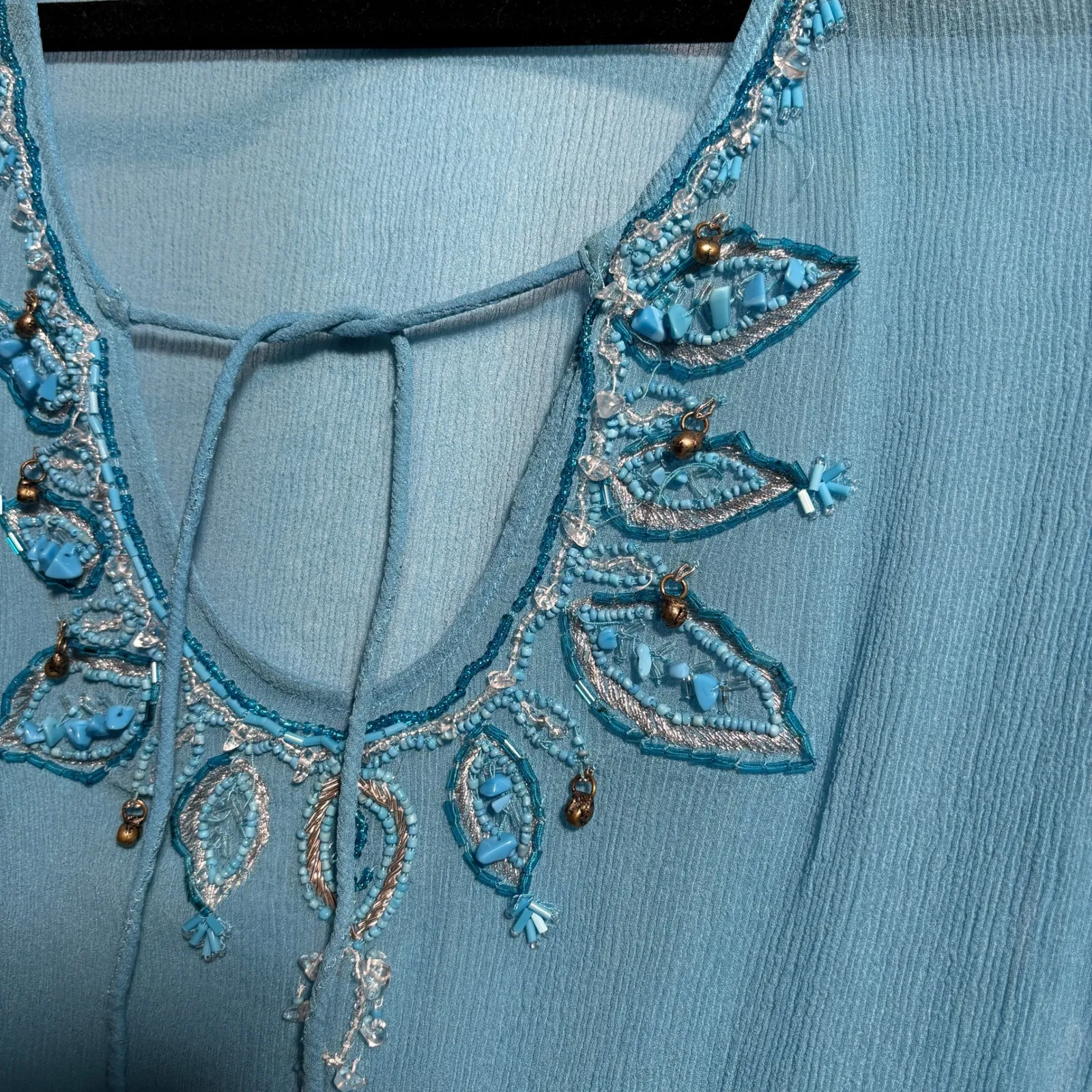 VTG Lord & Taylor Silk Beaded Blue Tunic Top Womens L Long Sleeve Boho Sheer Y2K Size L - Image 6