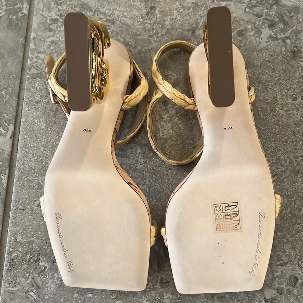 Logo Heel Ankle Strap Sandals in Gold Tan, New in Box - Image 9