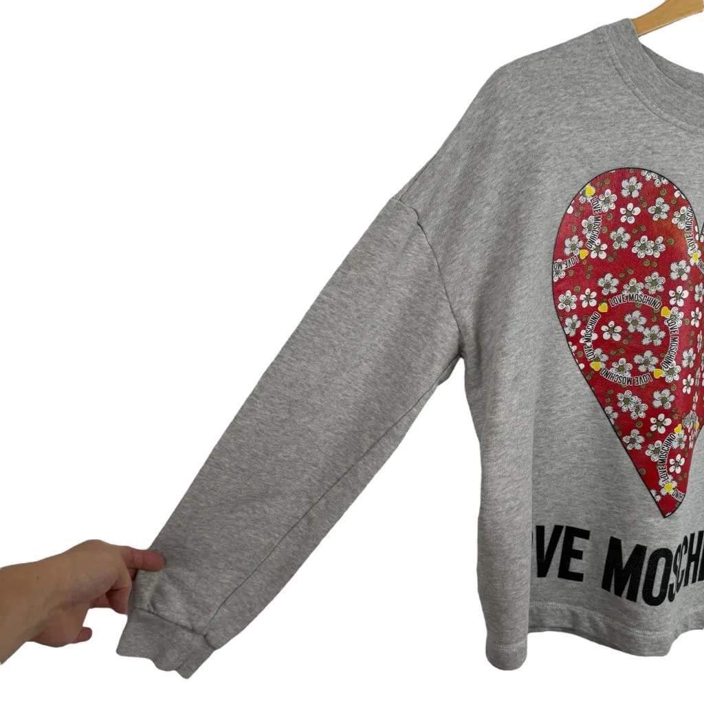 LOVE MOSCHINO Mélange French Cotton Terry Sweatshirt Heart Logo 6 Light Gray - Image 6