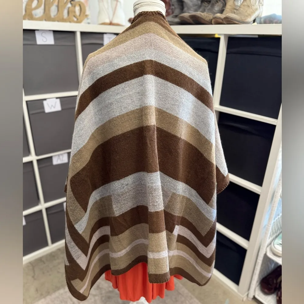 Cake & Roses Neutral Woven Look Brown Gray Cream Striped Poncho Wrap Cape - Image 3