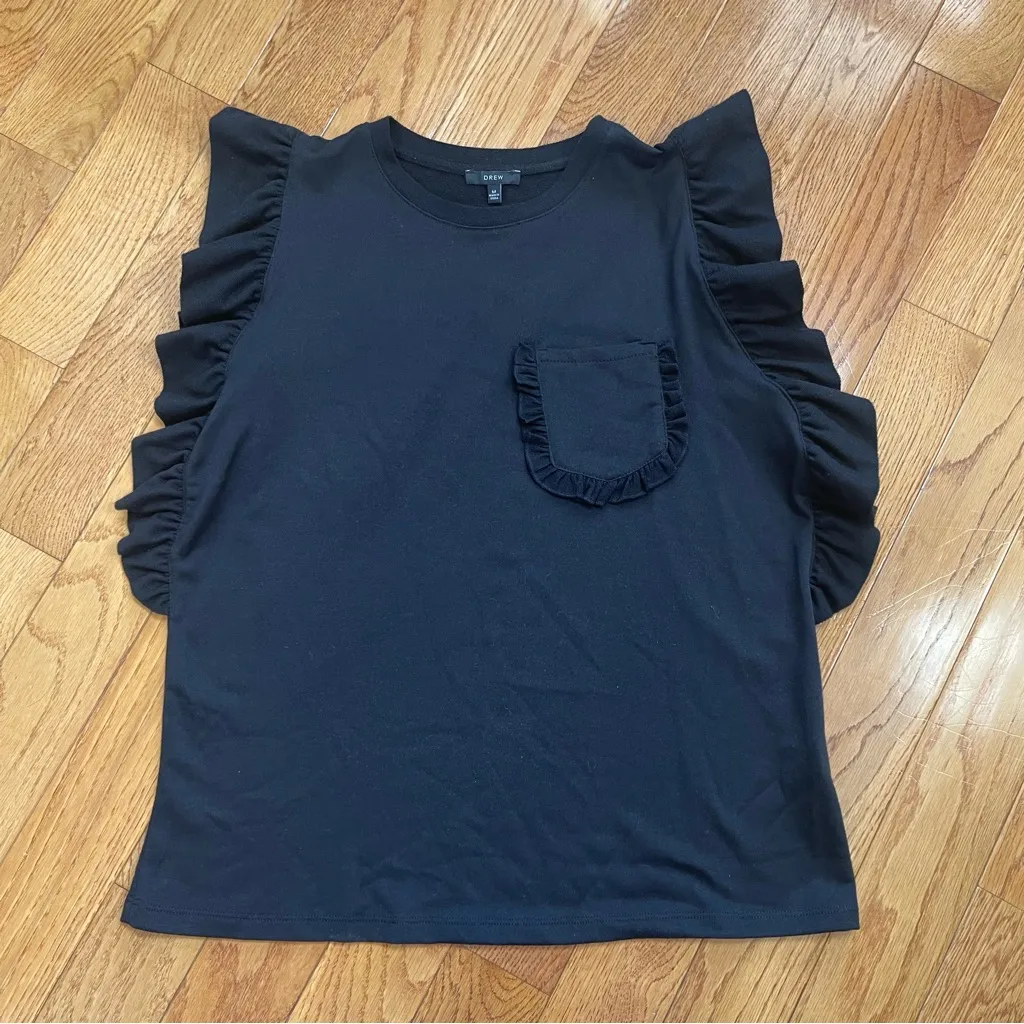 Drew Anthropologie Women’s Top Black Ruffle Sleeve Pocket T-Shirt Sz Medium - Image 4