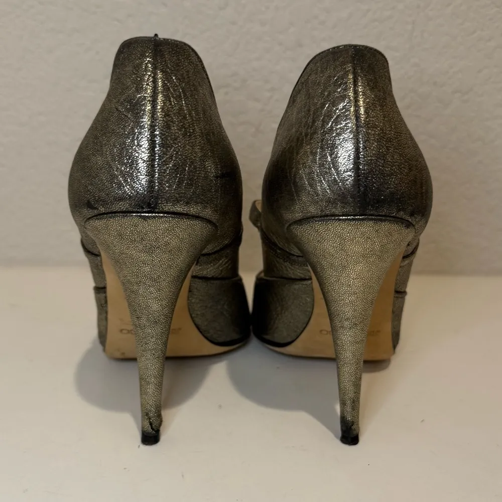 Jimmy Choo Crinkle Metallic Gunmetal Silver Sexy Mary Jane Peep Toe Heels EU 40 - Image 6