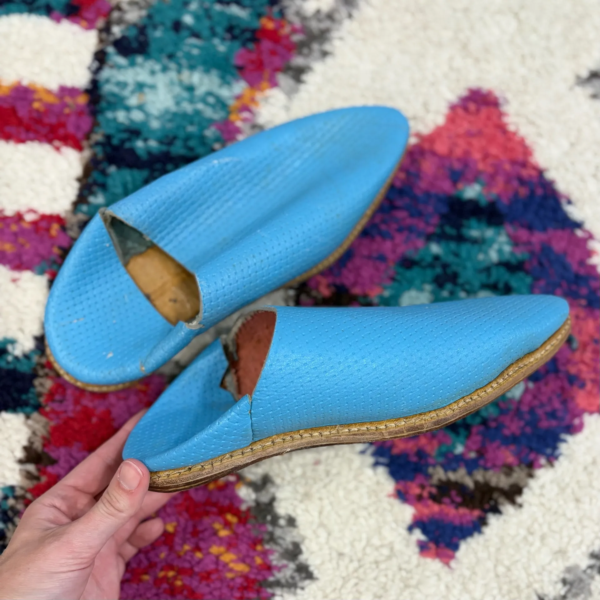 Vintage 70s/80s Moroccan Leather Babouche Slipper Mules Blue Size 9 - Image 5