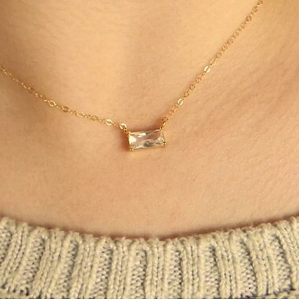 NEW‎ Minimalist Gold Necklace with Simulated Diamond Emerald Cut Pendant, 16-18” - Image 6