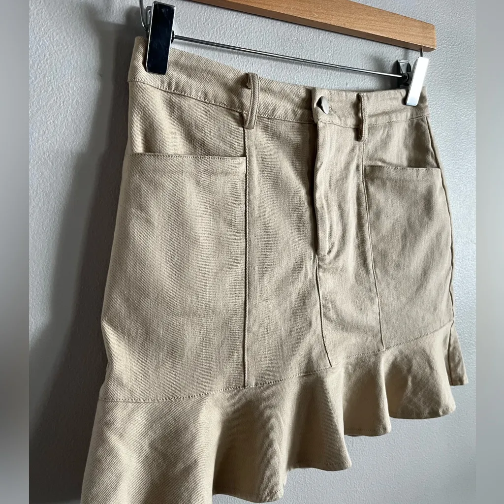 Cloud Ten Khaki Cotton Ruffle Hem Mini Skirt Front Pockets Size Small - Image 2