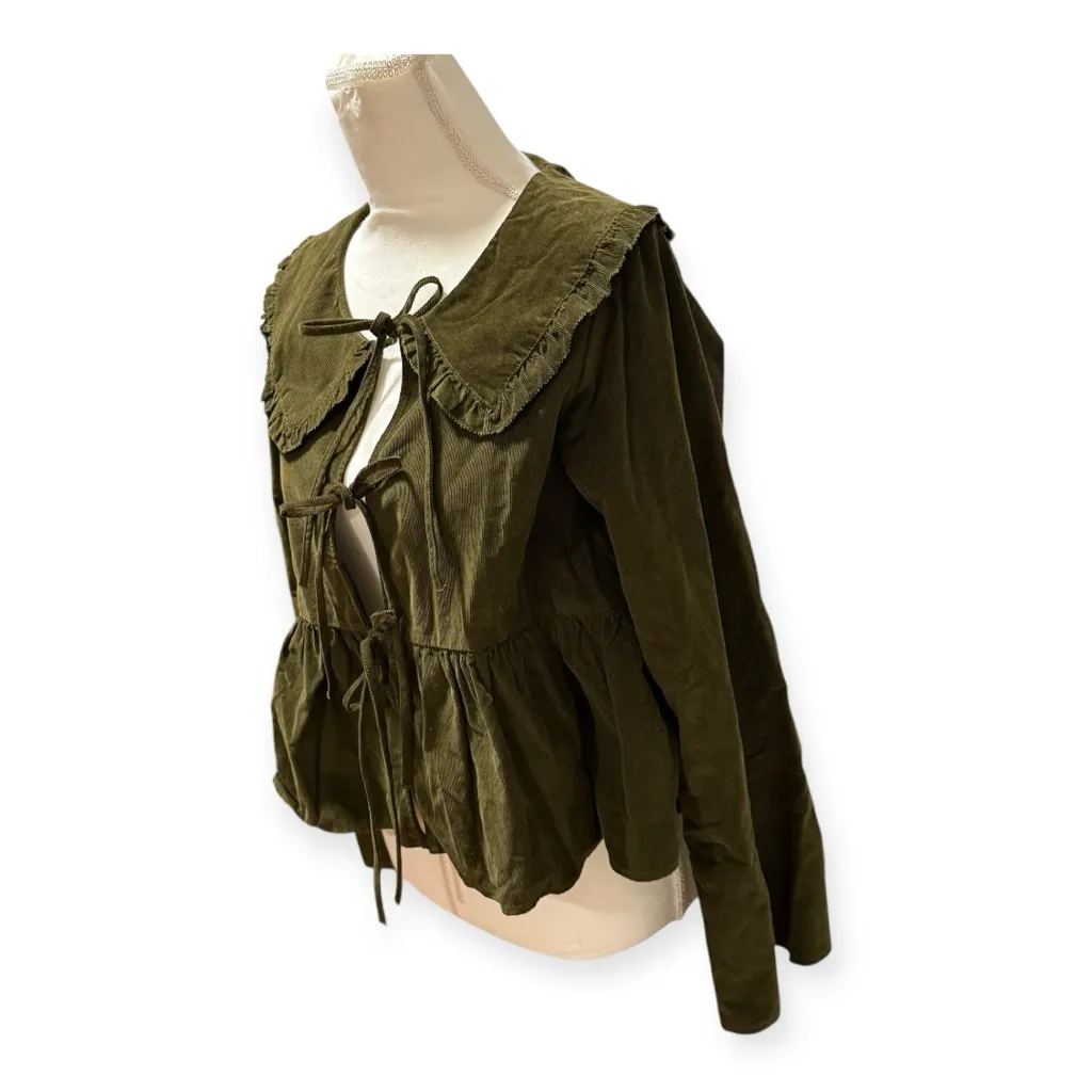 American Eagle Olive Corduroy Peplum Jacket Tie Front Ruffle Collar NWT M - Image 4
