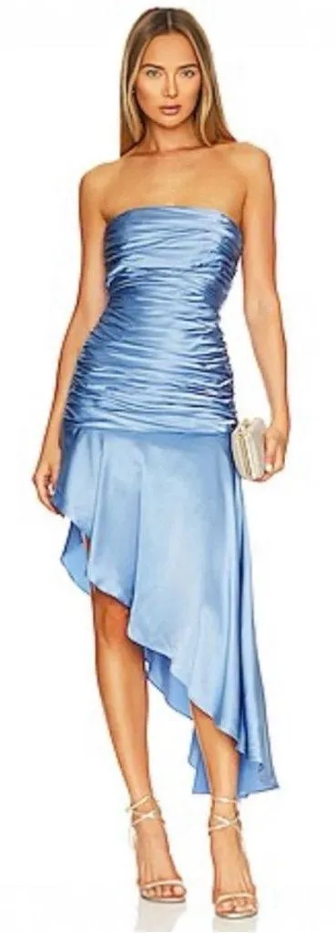 NWT Cinq à Sept 100% Silk Eliza Asymmetric Hem Strapless Satin Cocktail Dress 8 Blue - Image 1