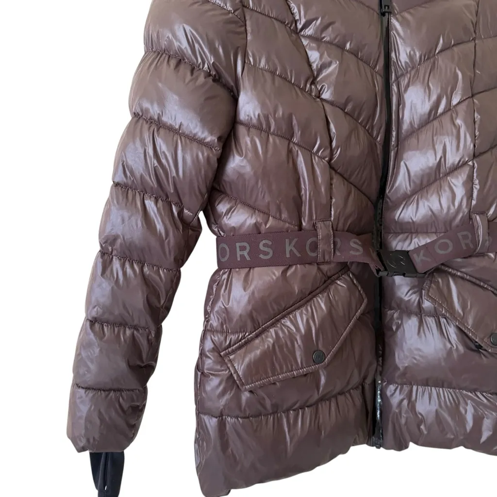 MK Michael Kors Brown Sheen Belted Puffer Jacket  Size L - Image 4