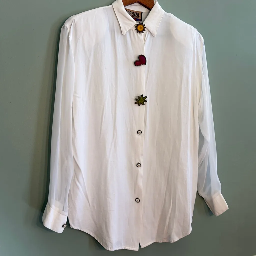 Forenza RARE Vintage 80s Size Medium White Statement Button Pearl Blouse - Image 10