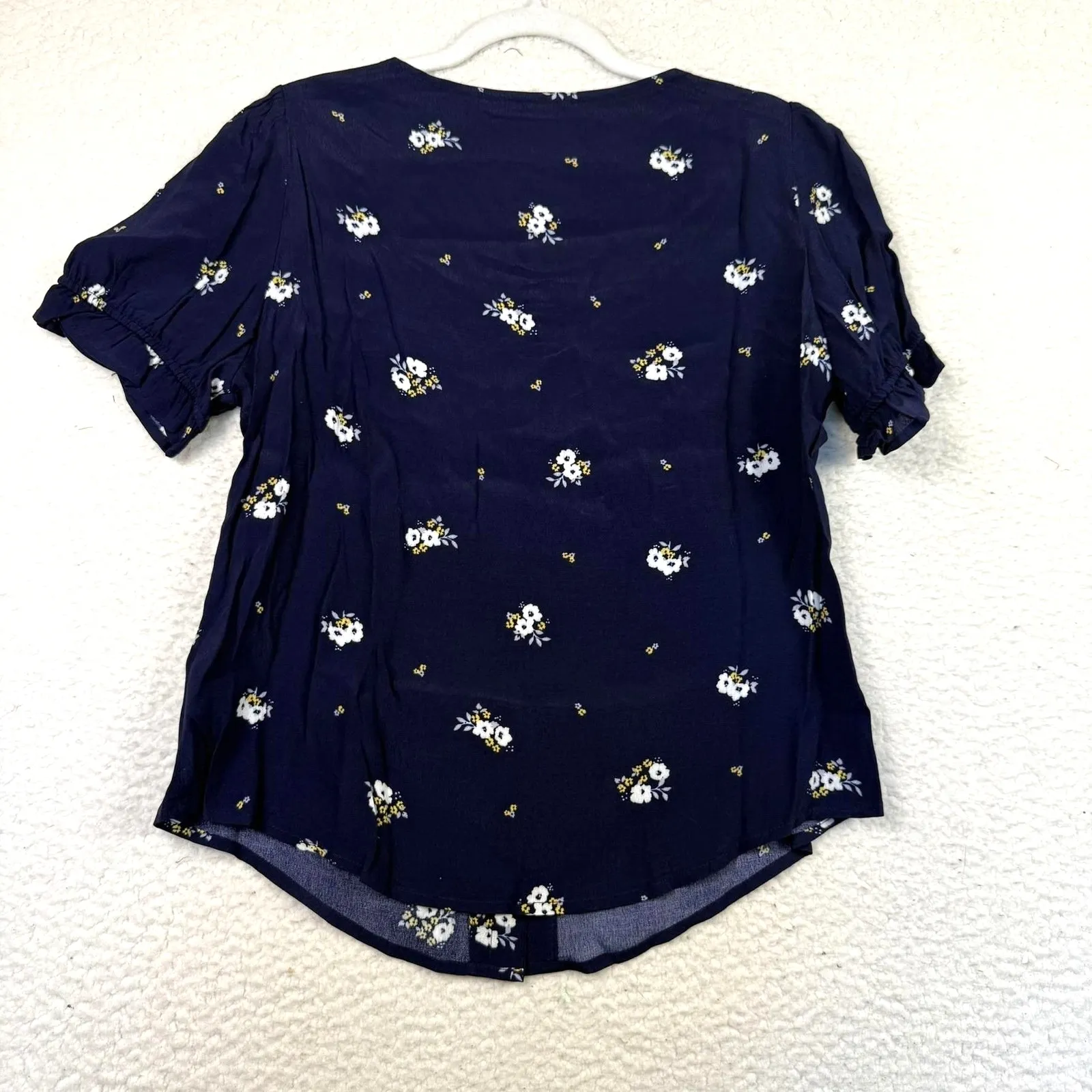 Elodie Blouse Womens Large Navy Blue Floral Button Short Puff Sleeve Cottage - Image 2