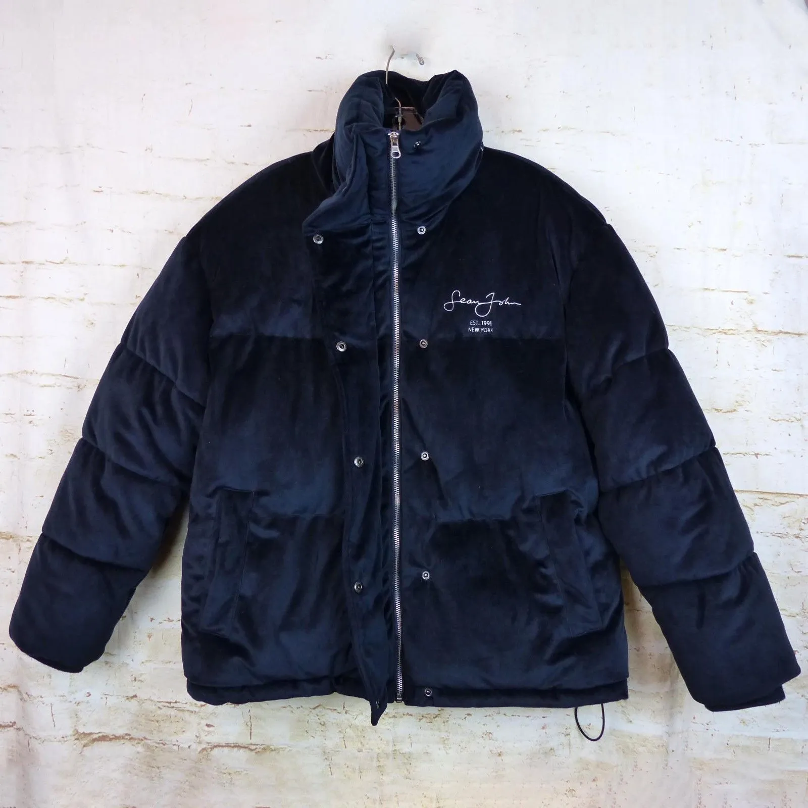 Sean John X Missguided Puffer Jacket Womens 2 US Navy Blue Velour Oversized Y2K - Image 7