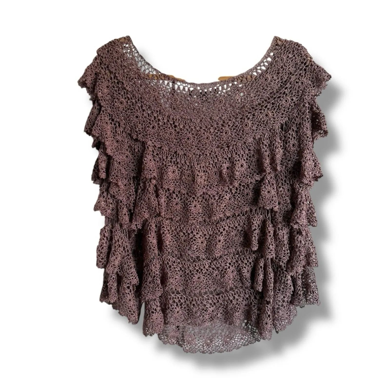 Boston Proper Brown Bell Sleeve Ruffled Crochet‎ Tiered Sweater Top XS/S - Image 3