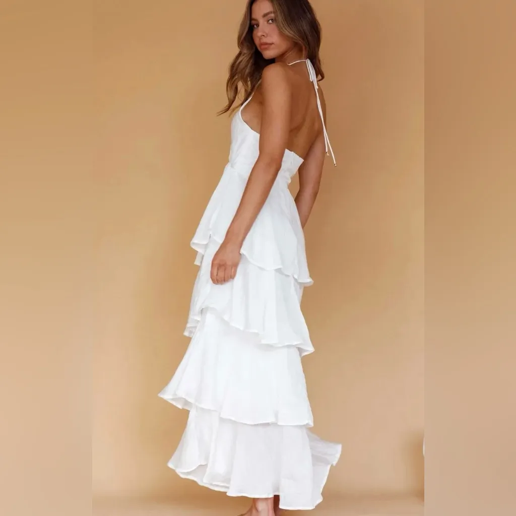 Catalina Tiered Halter Neck Ruffle Maxi Dress White - Image 4